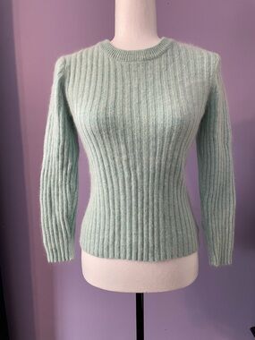 Lambswool Angora Ribbed Crewneck Sweater in Mint Green